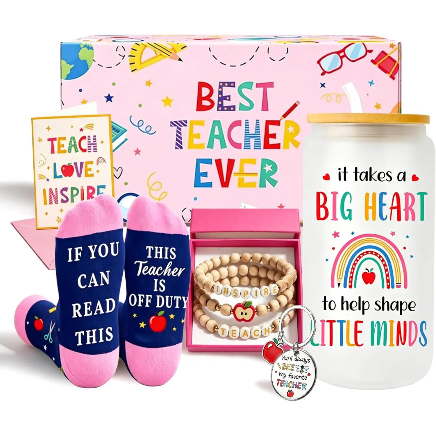 HAPPYPOP Teacher Appreciation Gifts for Women – Best Teacher Thank You Gift Set with 16oz Glass Tumbler, Socks, Bracelet, Keychain & Card for Graduation