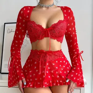 Sexy See-Through Heart-Shaped Bra, Skirt, and Thong Three-Piece Set, a Valentine's Day Date Gift