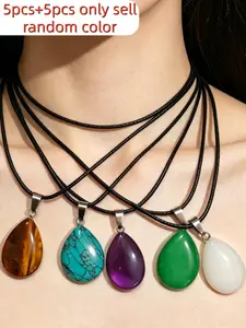 10-Piece Teardrop Pendant Set, Natural Stone & Crystal Mix, Leather Necklace, Bohemian Style, DIY Jewelry Making Kit