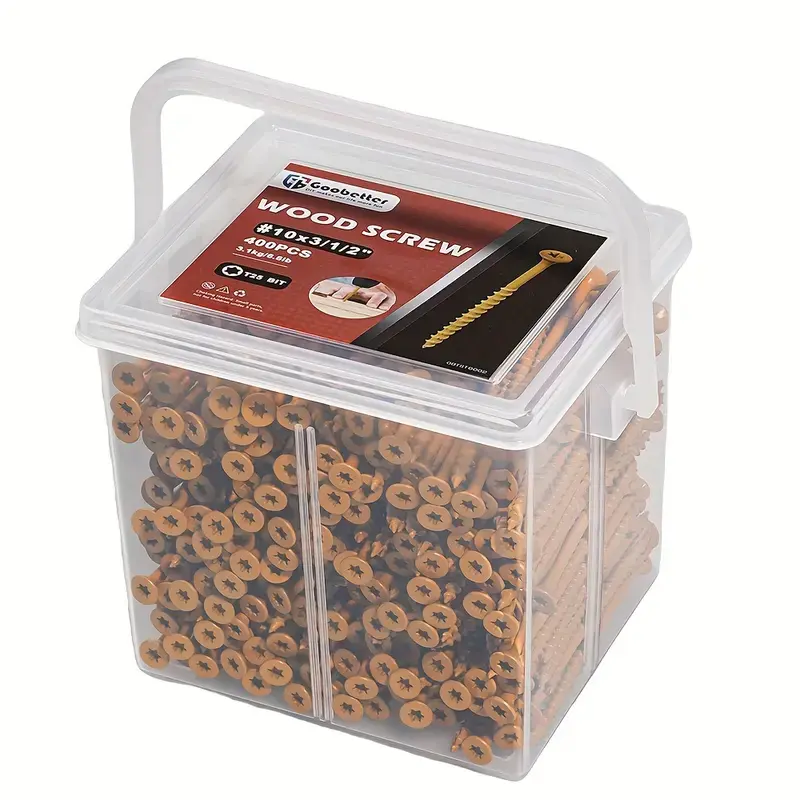 400/500PCS Deck Screws Set T25 Torx Wood Screws, #10 x 3-1/2" Self Tapping Exterior Deck Screw, Rust Resistant Yellow Ceramic Coated Screws for Deck Building, Fence Repair & Outdoor Wood Projects – No Pre-Drilling, Easy Install for Pressure Treated Lumber