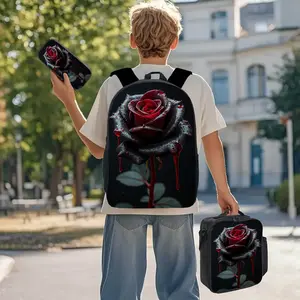 Gothic Black Rose Backpack Set - 3-Piece Dark Red Rose Print School Bag + Lunch Bag + Pencil Case, Oxford Cloth Adjustable Strap Backpack for Alternative Style Lovers