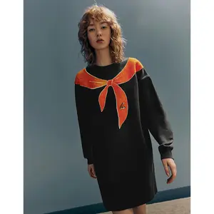 URBAN REVIVO Women's 100% Cotton Longsleeves Mid-Length Round Neck Printed Casual Dress - Comfortable Stretch Fabric, Loose Fit, Casual Wear, Lady