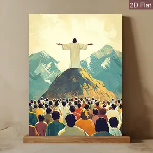 1pc 2D Wooden Framed Canvas Painting Jesus On Mountain with Open Arms Art for Home Decor Religious Wall Art Inspirational Theme, 2D Flat, Perfect for Room Decor, Modern Religious Artwork, Highquality Canvas Print, Decoration Items Illustrations