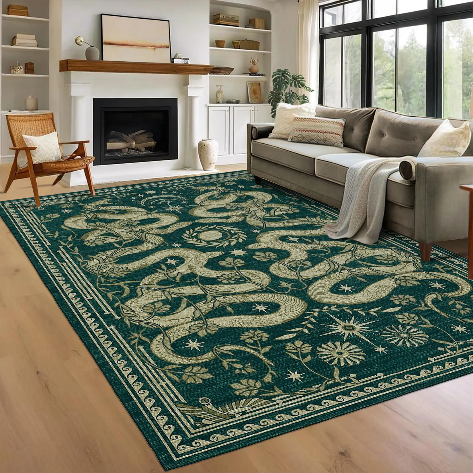 Snake Print Rug Washable Animal Print Rug with Non-slip Backing Low Pile Non-linting Rug for Bedroom Living Room Office