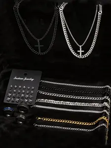 38-Piece Stainless Steel Jewelry Set, Men's Accessories, Zircon Earrings, Cross Necklace, Bracelet, Couple Jewelry, Daily Wear, Gift