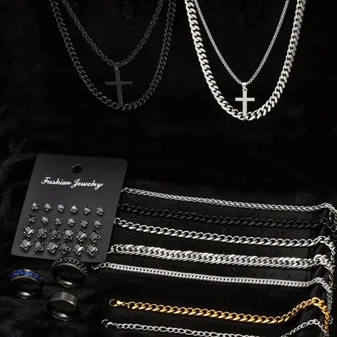 38-Piece Stainless Steel Jewelry Set, Men's Accessories, Zircon Earrings, Cross Necklace, Cross Pendant Necklace, Bracelet, Couple Jewelry, Daily Wear, Necklaces Earrings Set, Gift, Necklace And Earring Set