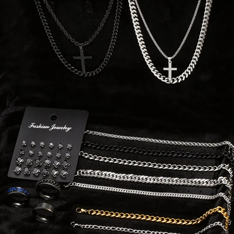 38-Piece Stainless Steel Jewelry Set, Men's Accessories, Zircon Earrings, Cross Necklace, Cross Pendant Necklace, Bracelet, Couple Jewelry, Daily Wear, Necklaces Earrings Set, Gift, Necklace And Earring Set