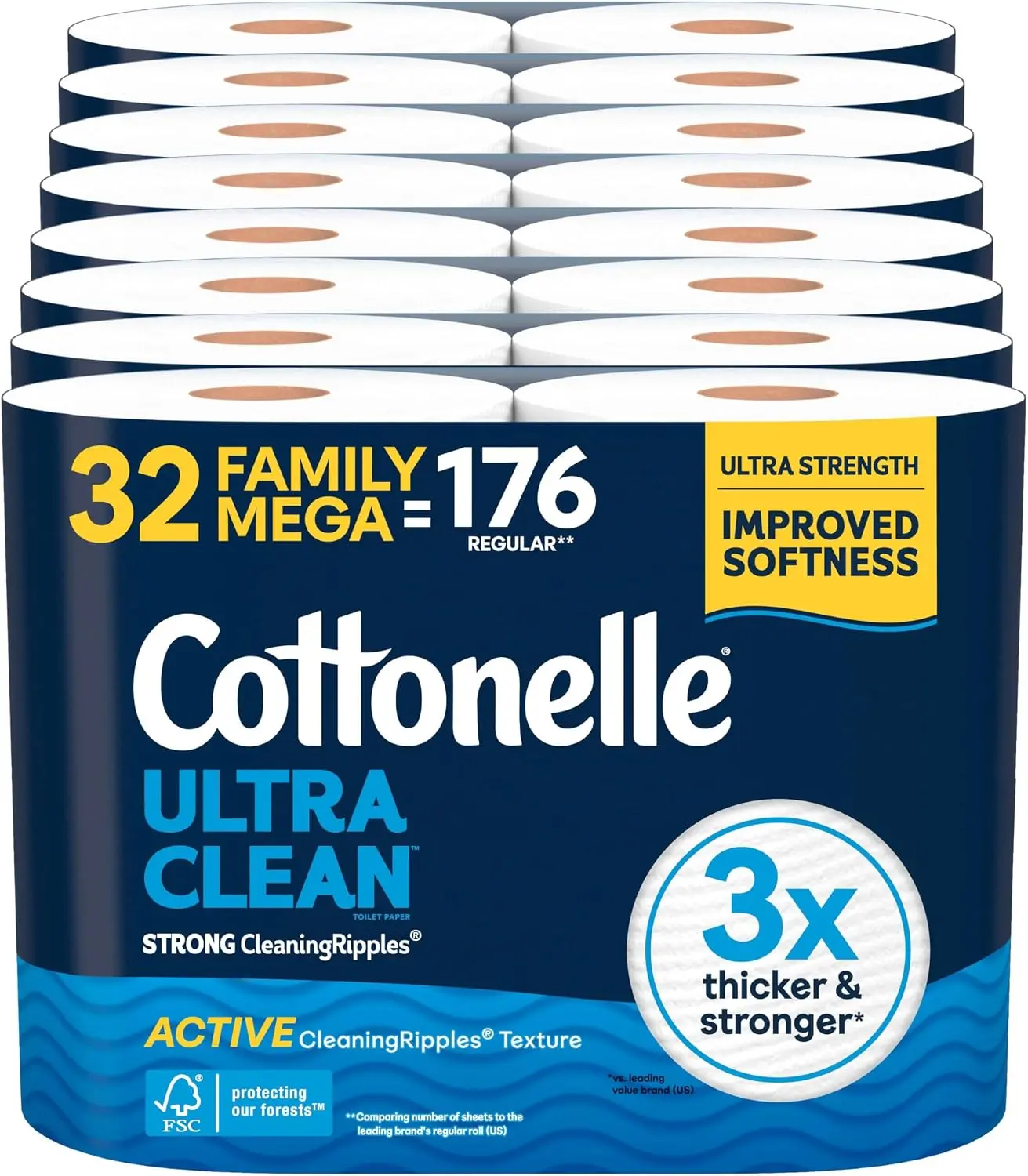 Cottonelle Ultra Clean 32 Family Mega Rolls 176 Regular Ultra Strength Improved Softness 3x Thicker Stronger