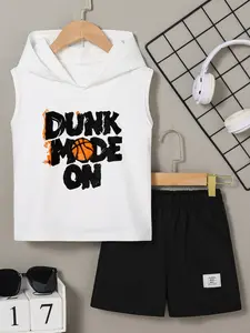 Boys Summer Hooded Sleeveless Set “DUNK MODE ON” and Basketball Print Casual Fashion Two-Piece Vest Shorts Suit Daily School Sports Weekend
