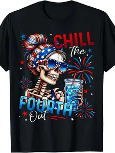 2026 Spring & Summer Collection Men's "Chill The Fourth Out" Patriotic Skeleton T-Shirt Casual Crewneck for 4th of July Celebrations Fabric Top Basic Black Blue Breathable Classic Day Festive