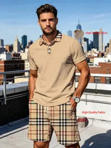 Luxury Men's Plaid Matching Casual Outfit Set, Menswear Polo Shirt + Plaid Shorts Two-Piece, Stylish and Comfortable Fashion Ensemble for Everyday Wear