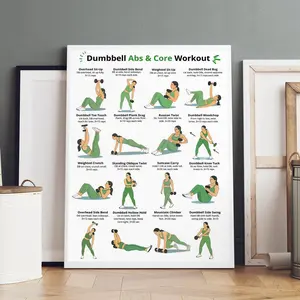 1-count wooden frame canvas, dumbbell core and abdominal muscle training illustration poster, home fitness movement guide decoration, inspiring pattern art, fashionable home art wall decoration, modern living room and bedroom decoration, exquisite gift