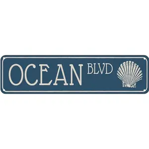 Vintage Ocean Blvd Metal Sign - Retro Wall Decor with Seashell Design for Home, Kitchen, Bar, Cafe, 4"x16" Aluminum Art Piece, Bar Decoration |   Beach House Decor |   Bold Lettering Design, Coastal Home Decor