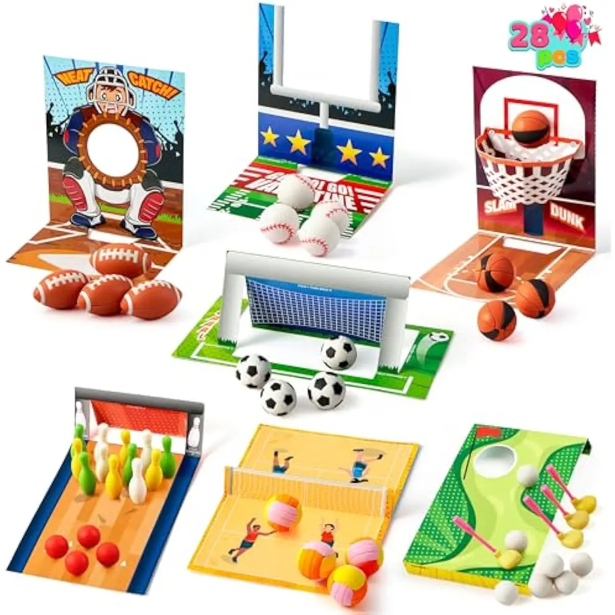 28 Pcs Valentine's Day Sports Game Card with 7 Sports Ball Erasers for Kids, Mini Football Basketball Soccer Eraser with Cards for Valentines Gift, Class Prize Goodie Bag Stuffers Party Favors