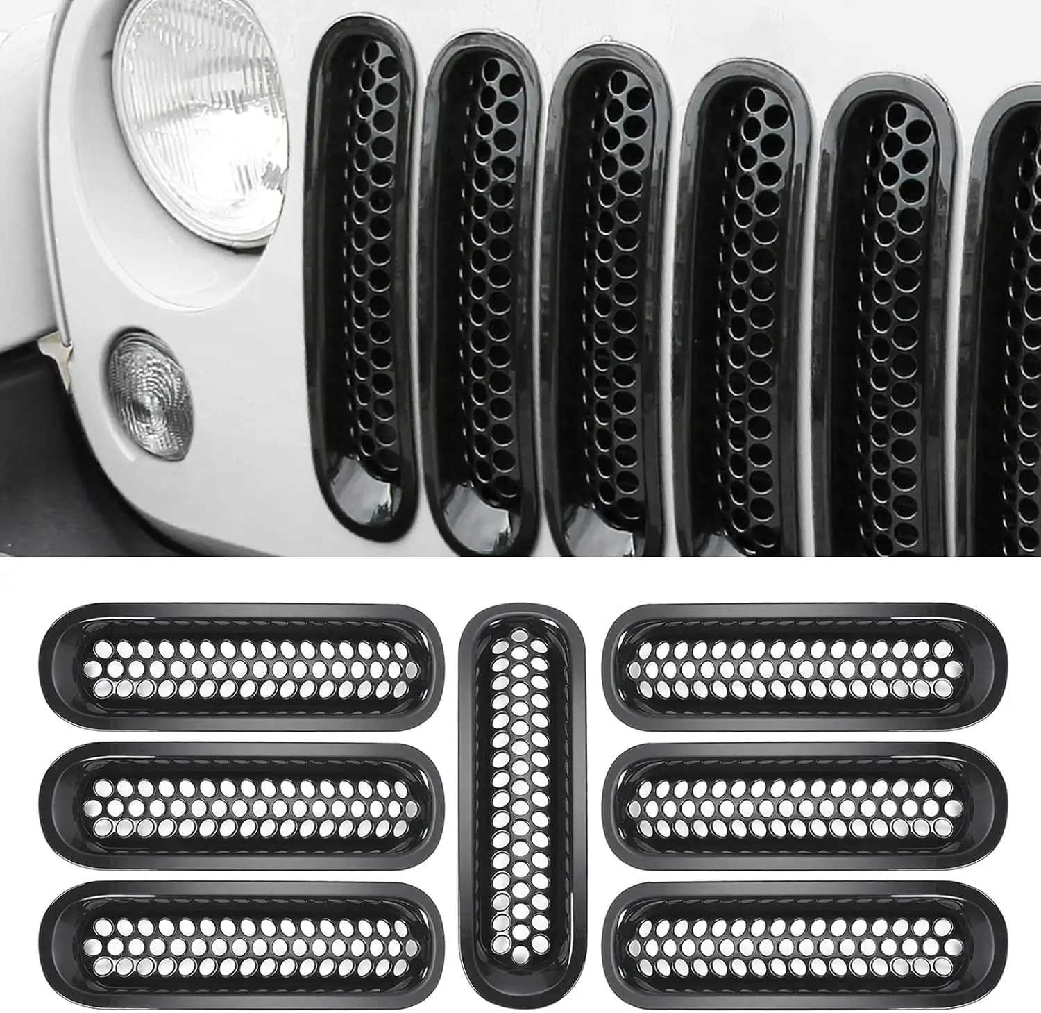 Clip-on Front Mesh Grille Inserts, Upgrade Version, Black For Jeep Wrangler 2007-2015 Car Exterior Chrome Trim Accessories
