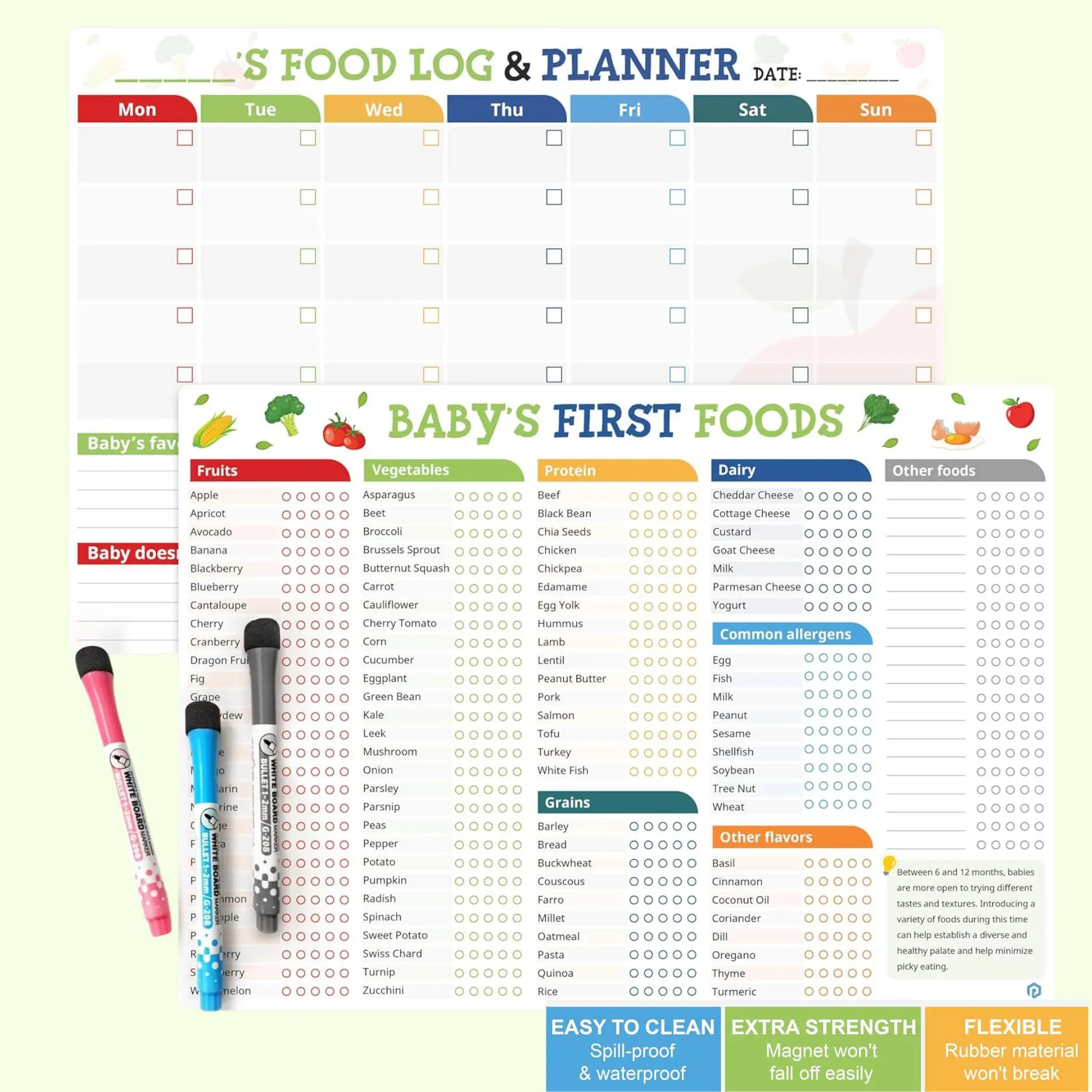 101 Foods Checklist Fridge Magnet, Baby First Foods, Baby Feeding Tracker for Fridge, Fridge Magnet First Foods Trackers, Nutrition Poster, 3 Markers + Eraser, Set of 2 Decor Kitchen  Magnetic Door