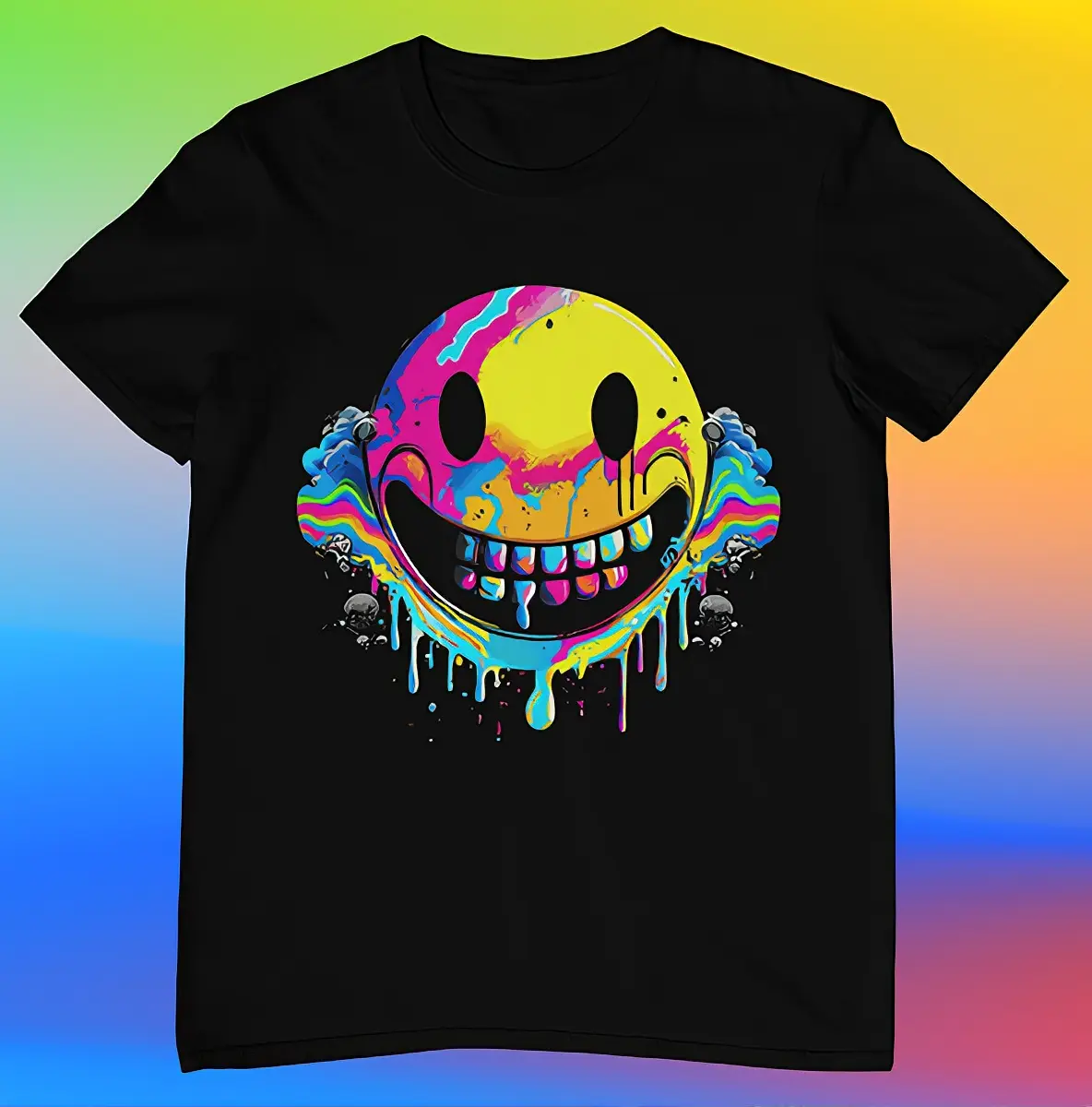 Vibrant Smile Design T-Shirt - Colorful Smiley Face and Drip Effect Casual Menswear Tshirt Streetwear Black Top Shortsleeve