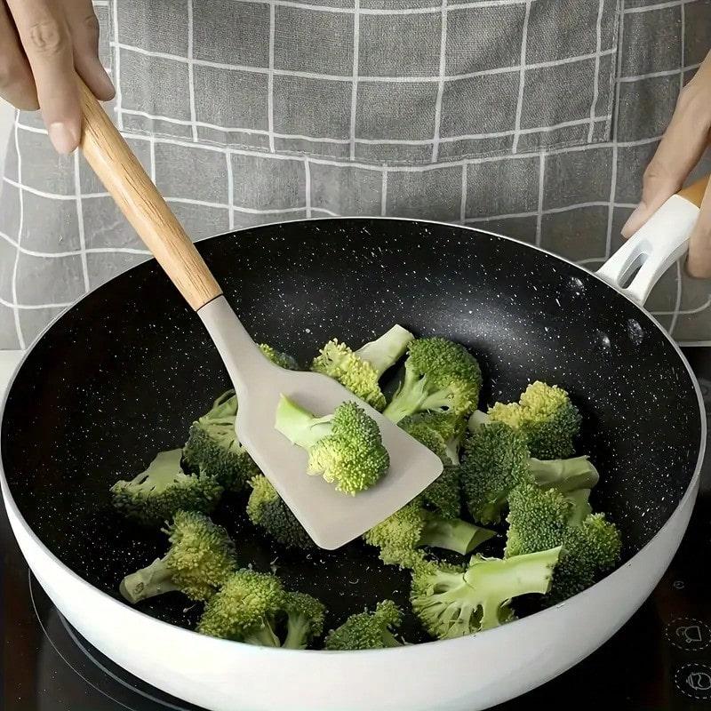 TAIMASI [Non-Stick Utensil Set] 12pcs Non-Stick Silicone Kitchen Utensil Set With Wooden Handles | Saf-E And Easy To Clean - Perfect For Cooking And Baking - Ideal For Back To School And Dorm Essentials