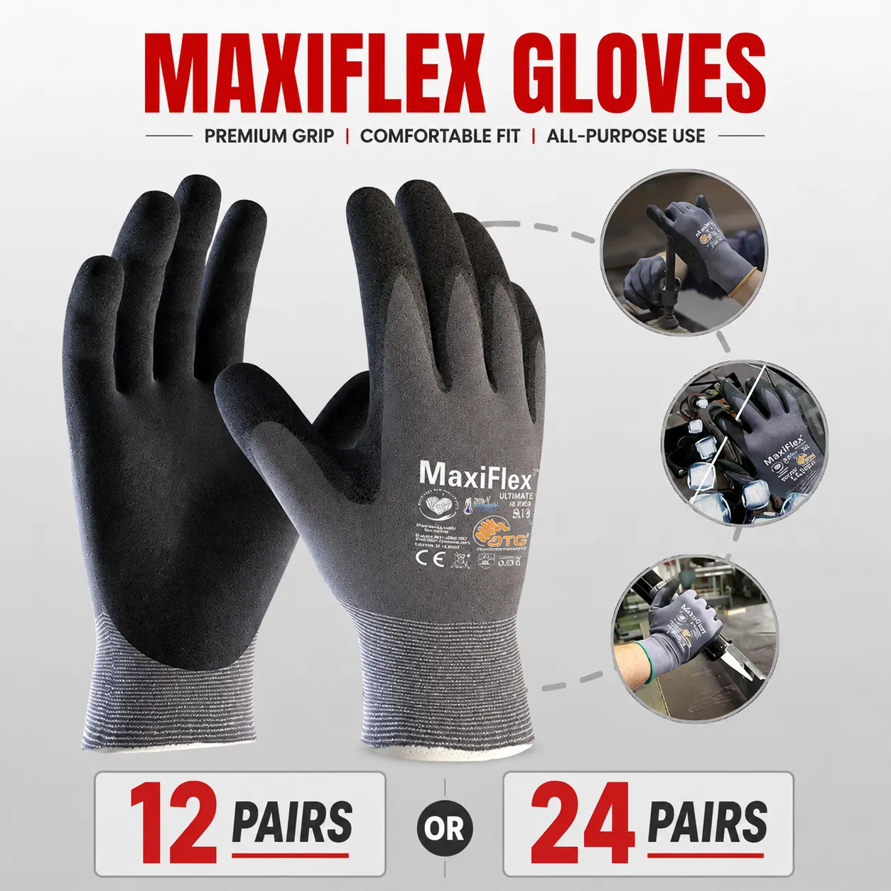 MaxiFlex Ultimate Safety Gloves – 12/24 Pack, Micro-Foam Nitrile Coated, High Dexterity, Durable Work Gloves for Industrial Use