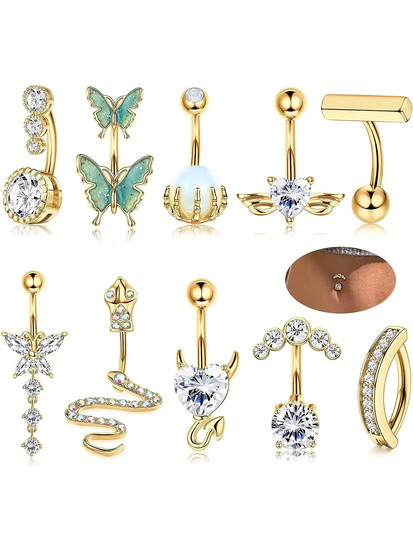 Women's Spring Luxury Rhinestone Butterfly & Snake Shape Belly Ring As Gift, 2024 New Style Body Piercing Body Jewelry Set, Classic Belly Button Rings
