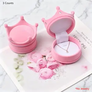 3 Pack Crown Shape Ring Earring Packaging Gift Box, Velvet Jewelry Boxes for Engagement Wedding Party, Universal Round Setting