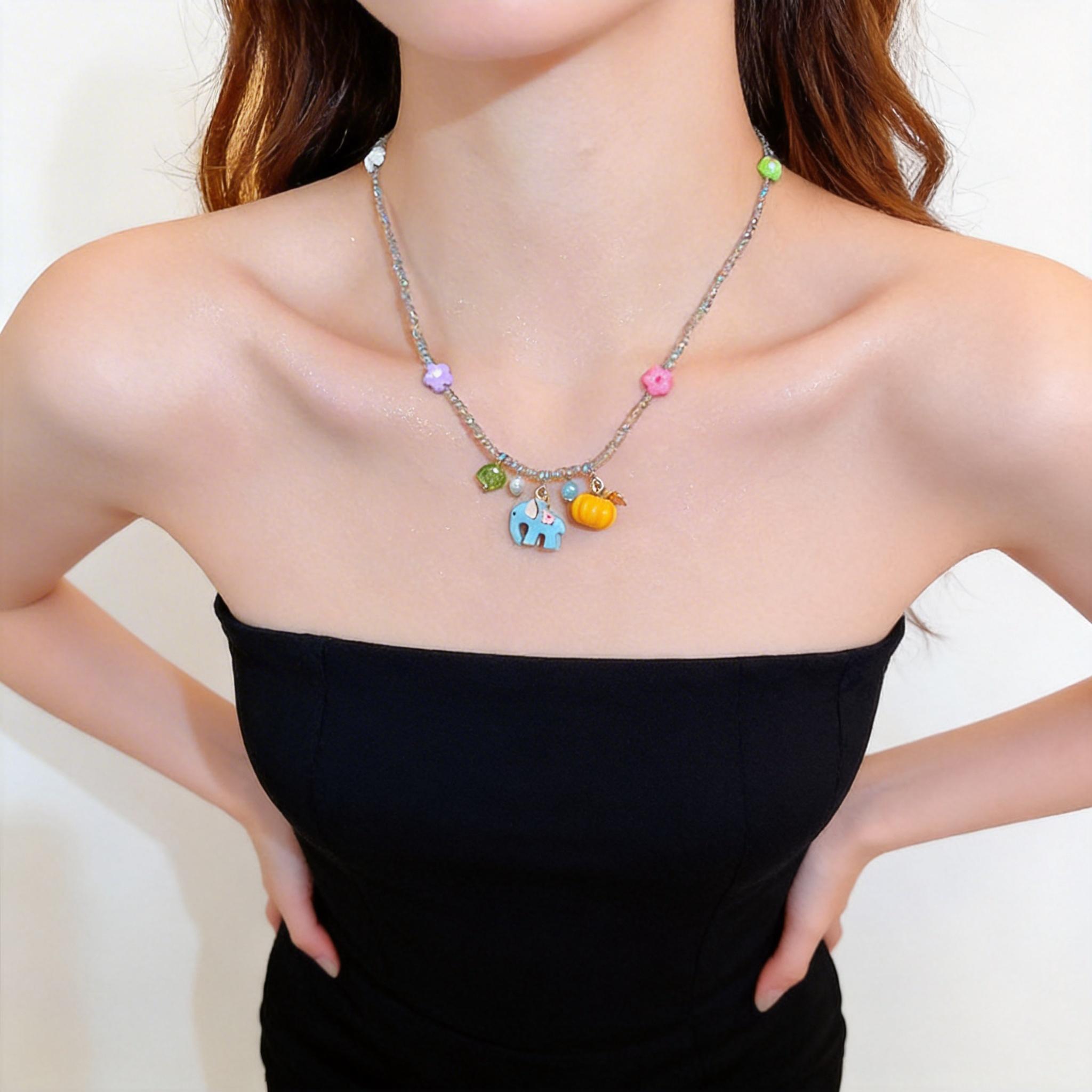 Hypoallergenic Cute Blue Elephant Pumpkin Pendant Necklace, Colorful Beaded Flower Choker for Girls, Sweet Gift for Daughter, Niece, Best Friend, Ideal for Summer, Holiday, Party & Everyday Wear Hypoallergenic Cute Blue Elephant Pumpkin Pendant Necklace, Colorful Beaded Flower Choker for Girls, Sweet Gift for Daughter, Niece, Best Friend, Ideal for Summer, Holiday, Party & Everyday Wear