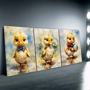3pcs/Set Wooden Framed, Baby Duck With Bow Tie Wall Art Canvas Painting, Easter Watercolor Duckling Print Poster, Cute Flower Duck Nursery Artwork, Baby Animal Wall Decor,  Whimsical Kids Bedroom Poster, Home Decoration, Perfect Gift Idea