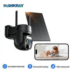 Hawkray Solar Wireless Outdoor Camera Dual-Lens 10X Zoom 2K Resolution 360° Pan Tilt Control Two-Way Audio with Spotlight Siren PIR Motion Detection Card Remote Safety Connection Black Sd Water Proof, Solar Security Cameras, Wifi Surveillance Camera