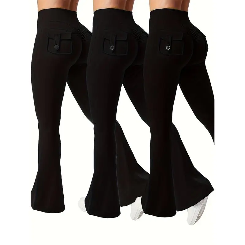 3pcs Of Black, Gray And Green Fashionable Workwear Style Bell Bottoms, Women& #       39;s Casual Bell Bottoms, High Waist Pocket Sportswear, Work Style Peach Hip Pants, Sports Quick-drying Tummy Control Butt Lifting Trousers Flare Leggings
