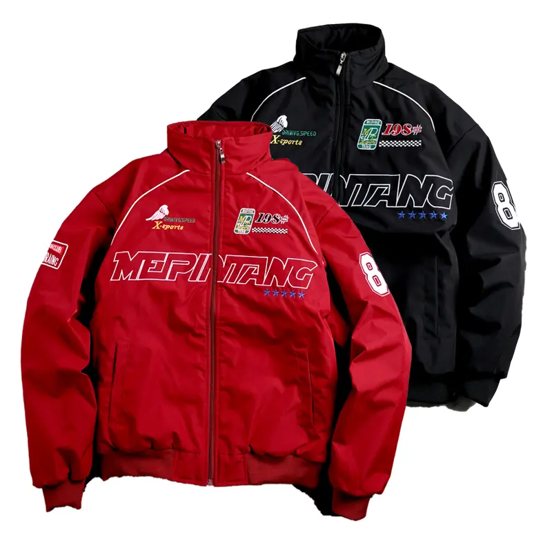 Men’s racing-style aviator jacket — featuring printed patterns and patch detailing, a stand collar design, fleece fabric that is comfortable and warm, suitable for casual street style, everyday wear, or trendy sporty looks for this season; long-sleeved ou