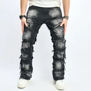Versatile men’s black distressed ripped patchwork dark wash raw hem stretch cotton denim jeans, loose straight relaxed fit Y2K vintage streetwear hip hop rap casual menswear trousers