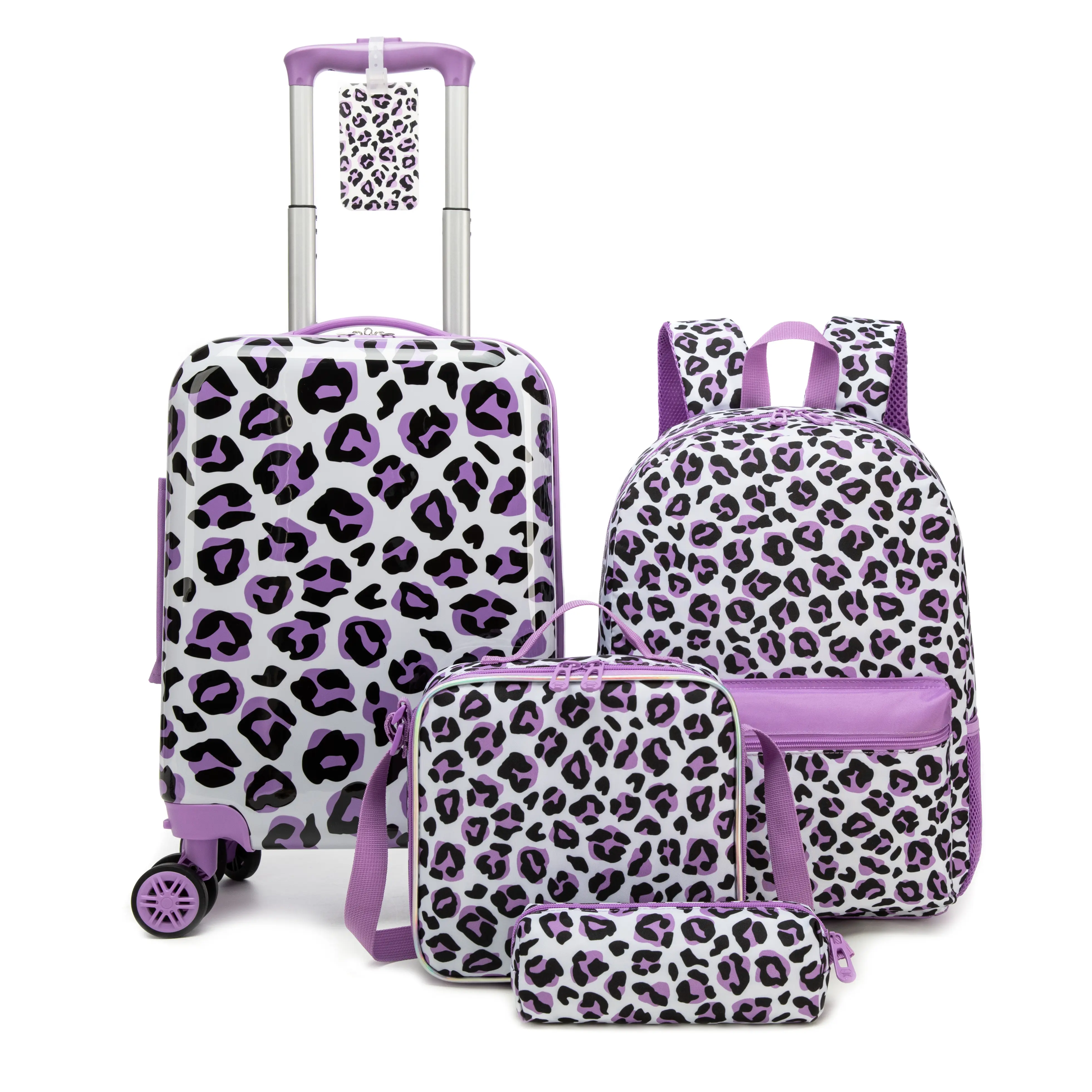 Girls' 3-Piece ABS Luggage Set, Hard-Shell Spinner with Cheetah Print and 4 Wheels, Includes Carry-On & Neck Pillow, Animal Print, Spinner Bags, Travel Bag Set, Wheeled Luggage, Spinner Wheels