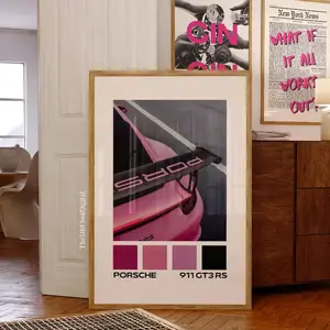 Pink Sports Car Poster, Luxury Car Wall Art, Porsche 911, Pink Wall Art, GT3 RS Car prints,Trendy Wall Art Aesthetic