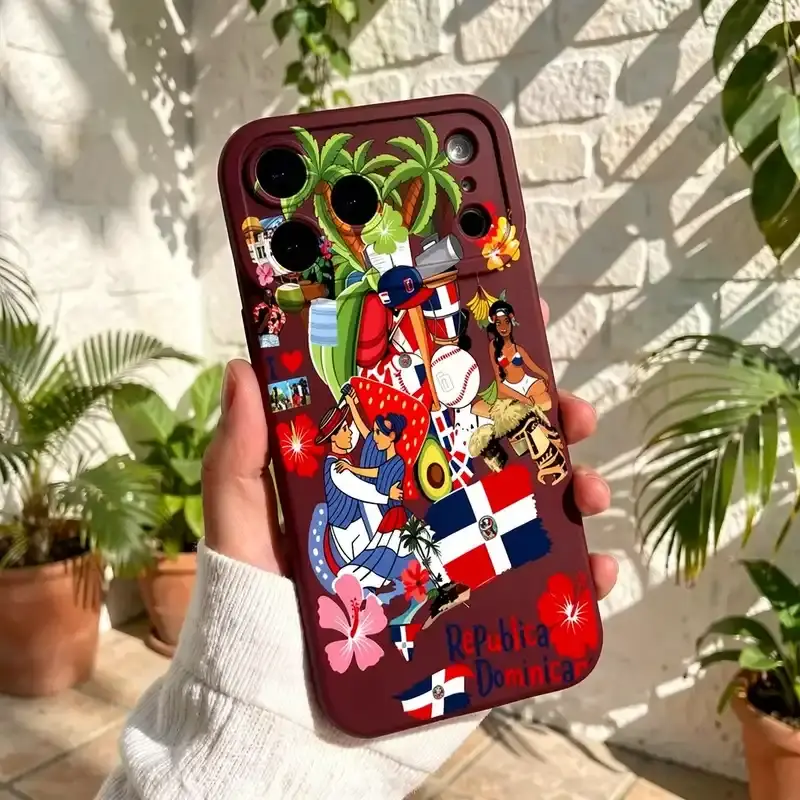 Dominican Republic Tropical Sticker Phone Case, Caribbean Folk Travel Style for iPhone 17 16 15 14 13 12 11 Plus Pro Max, Exotic Souvenir Gift, Unisex