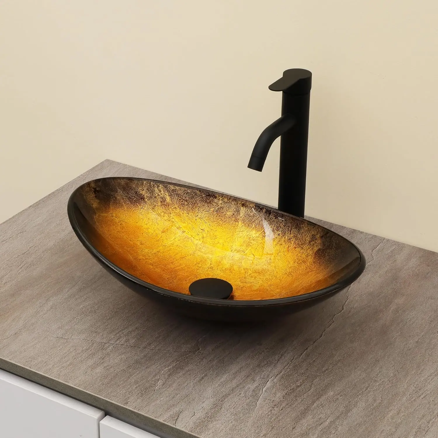 Logmey 18" Glass Bathroom Vessel Sink Vanity Countertop Oval Bowl with Black Pop up Drain Set,Glass Art Basin,Yellow Gradient,Home Improvement Finds
