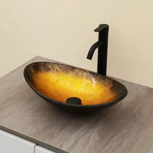 Logmey 18" Glass Bathroom Vessel Sink Vanity Countertop Oval Bowl with Black Pop up Drain Set,Glass Art Basin,Yellow Gradient, Memorial day