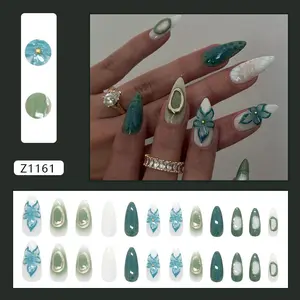 New Ice Crystal Blue Mix Wearable Nail Art, Gradient Flower Design, Summer Beach Style, Full Acrylic Material, Includes Removal Tools