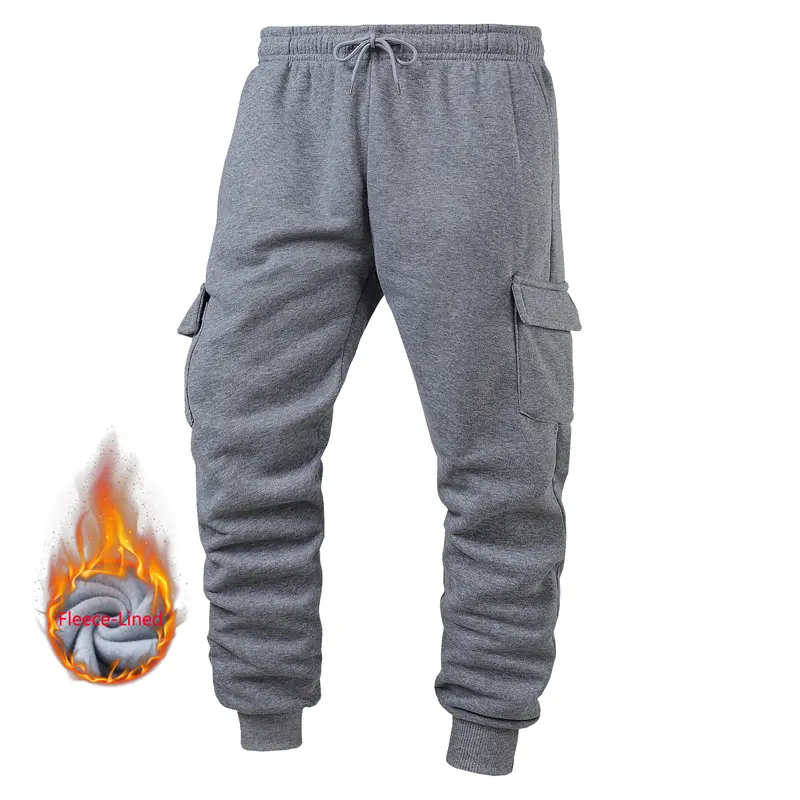 Men's Fleece-Lined Cargo Pants - Thick Winter Tactical Joggers with Pockets for Outdoor Casual Wear, Thermal Lined, Male, Cargo Pockets, Fitted, Sports Joggers, Jogger Pants