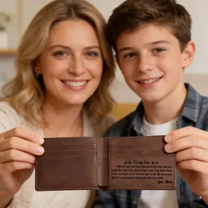 Engraved Wallet to son, Leather Pocket Wallet with Blessing Words and Box Brown Mens Personalized Engraved Wallet son Birthday Graduation Gifts