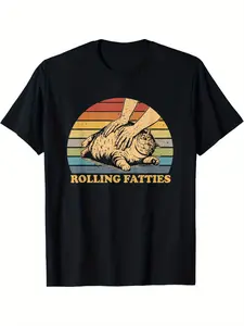 Men's Casual Black T-shirt with a Hand-crumpled Cat Print and "ROLLING FATTIES" Text, Suitable for Daily Leisure and Parties, Breathable, and Machine Washable Funny AI Baby Holding unisex graphic blue jeans white cbu singlet brasil printed tshirt