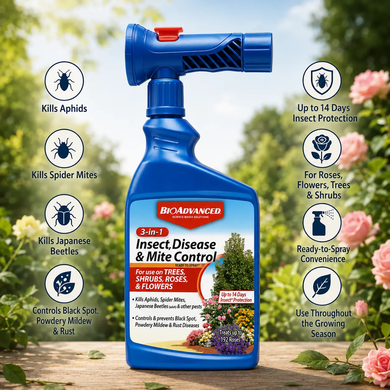 BioAdvanced 3-in-1 Insect, Disease & Plant Mite Control - Imidacloprid 0.47% Insecticide, Fungicide, Miticide - Ready-to-Spray for Growing Flowers - 1 Month Long-Lasting Insect Prevention - 32 fl oz Bottle