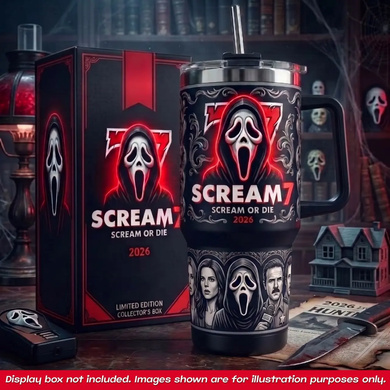 Scream 7 2026 Limited Edition 40oz Tumbler with Straw Handle, Ghostface Scream Or Die Insulated Vacuum Mug, Spooky Halloween Horror Movie Character Cold Water Bottle Fan Merch Gift