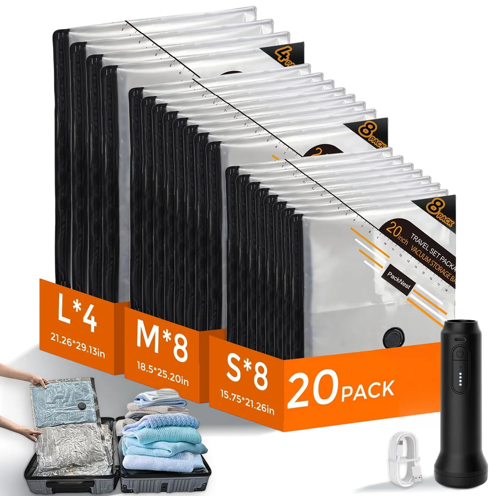 15-Pack Household Vacuum Storage Bags Bulk Pack with Rechargeable Wireless Vacuum Pump, Organiser Space Saver Compression Seal Bags for Clothing/Blanket, Travel Luggage Storage, Vacuum Bag