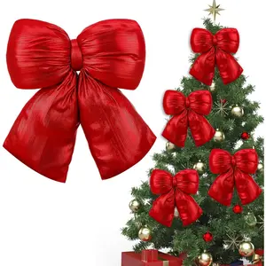 4 Pack Large Stuffed Christmas Bows 15.7 Inch Metallic Shiny Fabric Bows for Christmas Tree Topper, Wreath, Garland, Door, Stairs, Fireplace, Holiday Party Decor(Red)