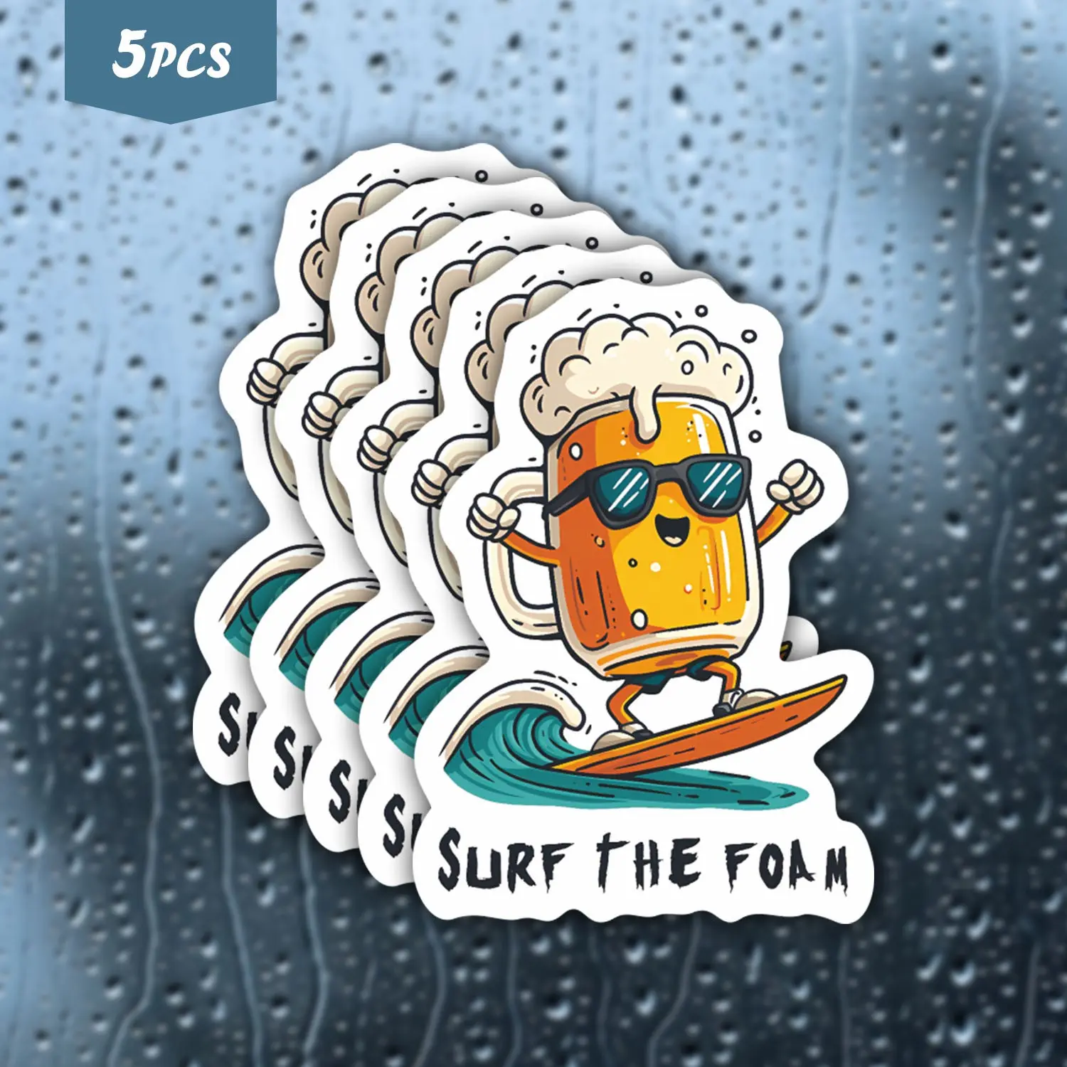 5Pcs Foam Surfer Mug "Surf the Foam" Waterproof Vinyl Sticker, Self-Adhesive Decal, Suitable For Water Bottles, Laptops, Cars, Tablets, Ideal For Surfing Enthusiasts, Playful Individuals And Meme Fans