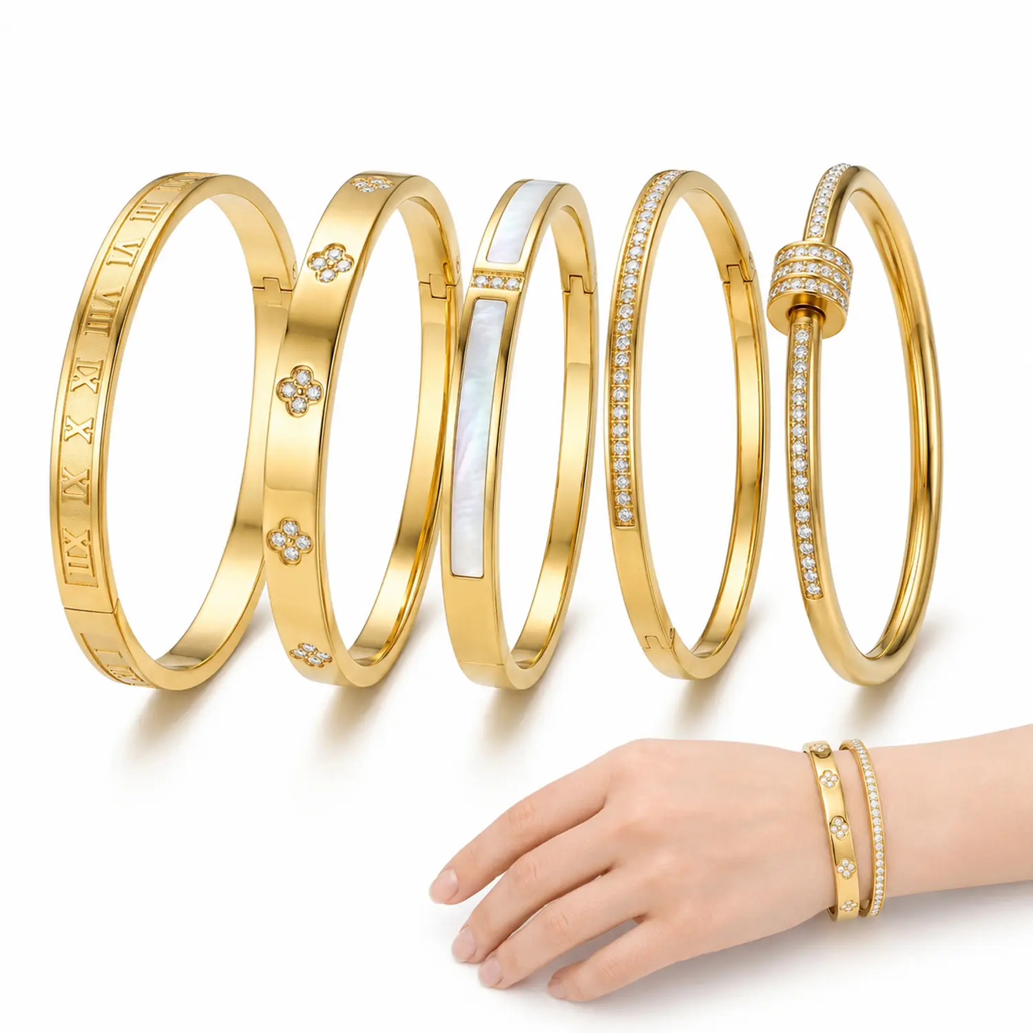 Unisex 5-Piece Waterproof Titanium Steel Stacked Bracelets Set - Rhinestone Star Design, Plated Jewelry Accessories for Birthday Gifts