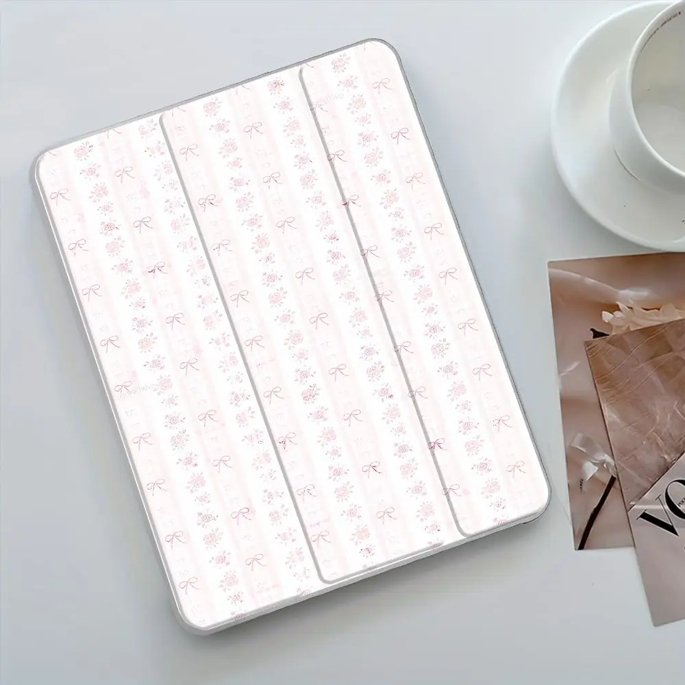 Cute Pastel Pink Floral Bow iPad Tri-fold Stand Case with Transparent Acrylic Back, Pencil & Charger Slots, Slim Shockproof Cover for iPad 10.2 2019/2020/2021, iPad Mini, iPad Pro, Best Gift for Home & School