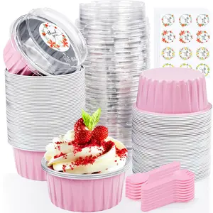 Round Aluminum Foil Baking Cake Cups with Lids Disposable Mini Ramekins Cupcake Liners Muffin Pans Brulee Containers for Wedding Birthday Party