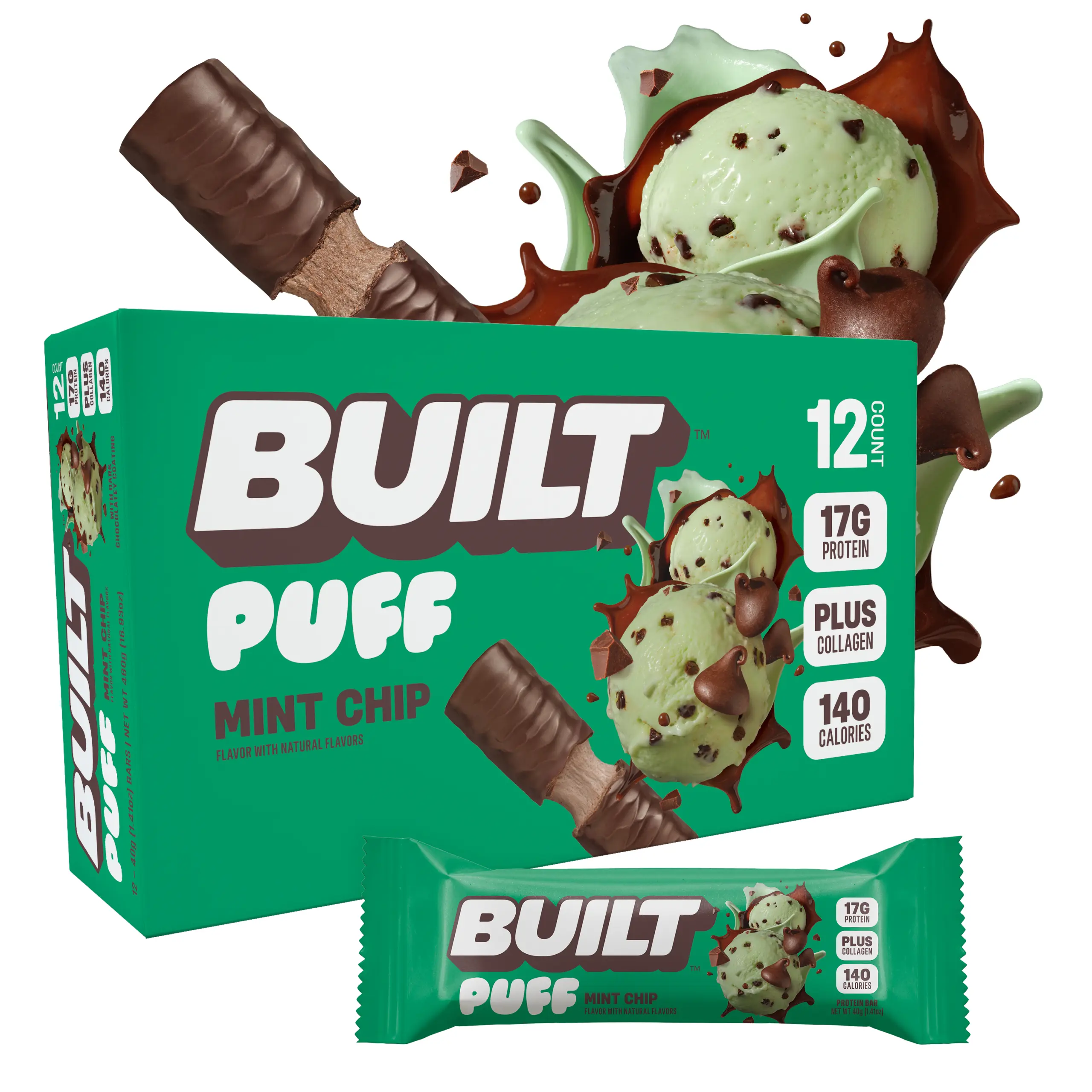 Official BUILT Bar, Puff Protein Bar Snacks, Mint Chip Puff, 17g Protein, 140 Calories, Collagen, Gluten Free Official BUILT Bar, Puff Protein Bar Snacks, Mint Chip Puff, 17g Protein, 140 Calories, Collagen, Gluten Free