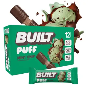 Official BUILT Bar, Puff Protein Bar Snacks, Mint Chip Puff, 17g Protein, 140 Calories, Collagen, Gluten Free, 12 Count Box Official BUILT Bar, Puff Protein Bar Snacks, Mint Chip Puff, 17g Protein, 140 Calories, Collagen, Gluten Free, 12 Count Box